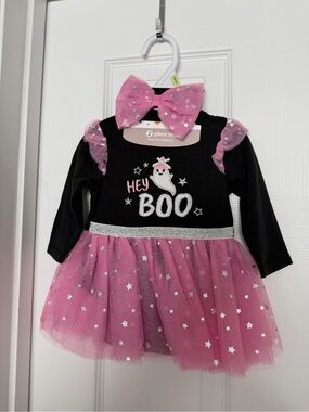 Baby Starters Pink & Black "Hey Boo" Ghost Tutu Dress with Bow Headband